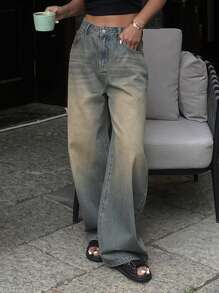 DAZY Quần jean ống đứng màu xanh nhạt, phong cách đường phố rộng rãi cổ điển dành cho nữ, quần jean rộng thùng thình, quần áo trở lại trường - Màu xanh lam - Xem 6