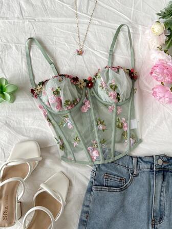 Soleia 大码度假渔网刺绣绿色紧身胸衣