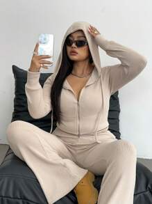 POPSWAY Plus Size Simple Long Sleeve Hoodie Top And Slightly Flared Pants Casual Two Pieces Set, Spring And Autumn - Apricot - View 5