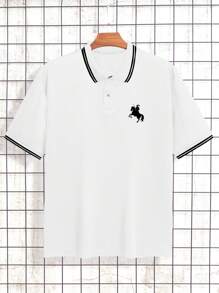 Manfinity Dauomo 男士百搭时尚骑士印花 Polo 衫，夏季 - 白色 - 查看 4