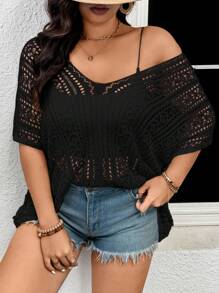 SHEIN Frenchy Plus Size Casual Simple Resort Versatile Women's Pullover Crochet Top, White, Suitable For Casual Vacation