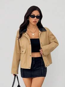 SHEIN EZwear 新款卡其色复古实用谷仓夹克外套，秋季短款 - 卡其色 - 查看 6