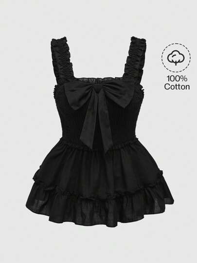 Kawaii Damen Sommer einfarbiges Oberteil mit Schleife, Rüschensaum und babydollartigem Schnitt, schulmäßig