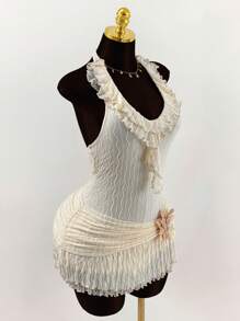 Amplova Ruffled Wrap-Around Ribbon Tie Neck Backless Floral Lace Trim Bodycon Mini Dress