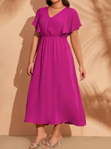 EMERY ROSE 夏季大码优雅纯色收腰连衣裙 - 中紫紅色 - 查看 3