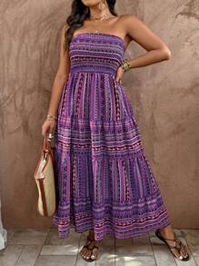 SHEIN Clasi Plus Size Women's Retro Printed Strapless Vacation/Concert Dress, Spring/Summer - Purple - View 3