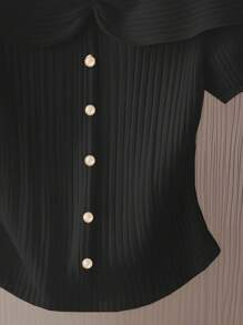 女士优雅荷叶边纽扣修身短袖T恤 - 黑色 - 查看 3