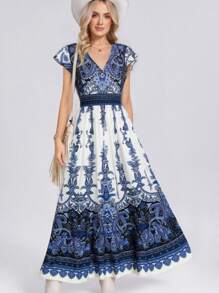 SHEIN LUNE Paisley Print Long Dress For Women With Shirred Waist And A-Line Skirt, Spring - Multicolor - View 3