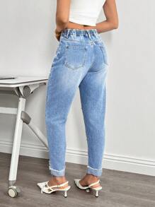 SHEIN Essnce Quần Jeans Nữ Đính Ngọc Trai Giả, Thời Trang Cho Mùa Hè - Rửa nhẹ - Xem 2