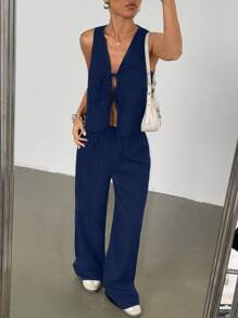 Flirla 2件套女士纯色系带前无袖衬衫和裤子套装 - 藏蓝色 - 查看 8