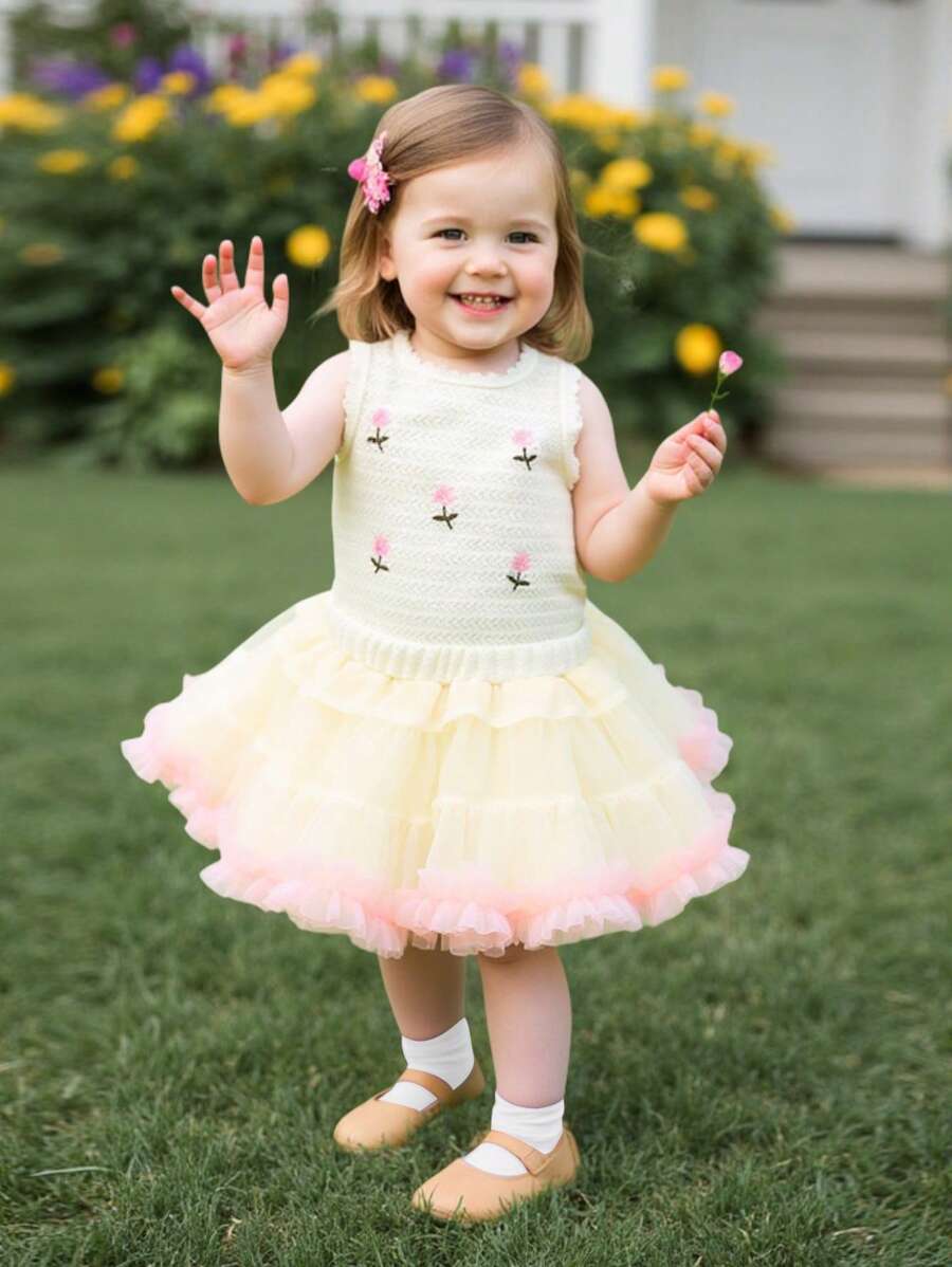 SHEIN 2 件套 2025 夏季新款女婴针织镂空刺绣背心和蓬蓬裙套装，时尚公主蓬蓬裙 - 粉色 - 查看 1