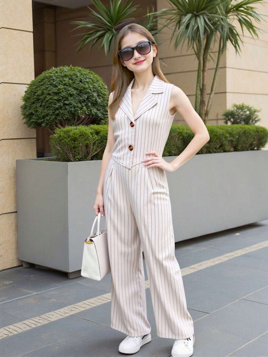 2 件套 Tween Girl 精致都市通勤风格蓝白条纹背心和裤子套装 - 卡其色 - 查看 1