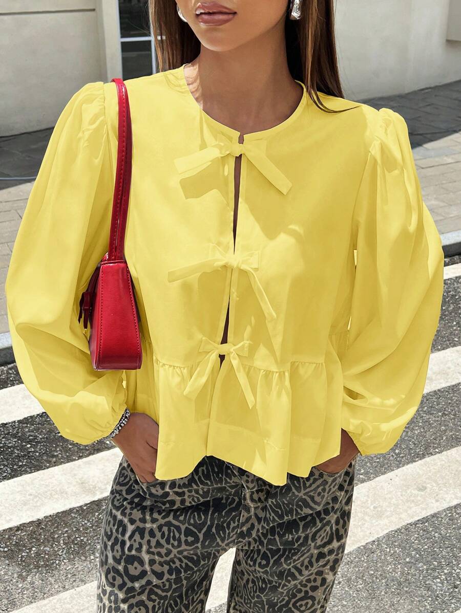 SHEIN EZwear Pale Yellow Woven Women's Lantern Sleeve Bowknot Shirt - Yellow - View 1