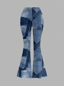 SHEIN SXY 1pc Women High Waist Denim Effect Flare Leg Pants, Suitable For Autumn And Winter,Outgoing - Blue - View 7