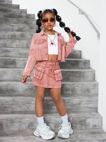 SHEIN 2 件套 Tween 女童 Y2k 水洗卡其色牛仔翻领长袖短款夹克和牛仔迷你工装裙套装，适合女童街头装和日常穿着 - 粉色 - 查看 4