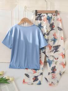 Set Piyama Anak Perempuan Atasan Lengan Pendek Biru dengan Motif Kupu-kupu Warna-warni dan Celana Kasual, Pakaian Rumah yang Nyaman - MultiWarna - View 2