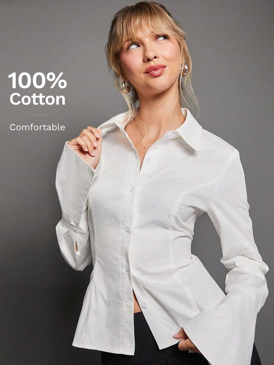WESTFADE 100% 纯棉领口纽扣前袖加长袖口长袖衬衫，可爱秋季上衣，适合女士、办公室、返校、秋季、冬季