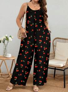 EMERY ROSE Plus Size Casual Cherry Print Sleeveless Long Jumpsuit With Pockets: Black Knitted Wide-Leg Pants Suitable For Going Out,Flower/Spring/Summer/Vacation - Black - View 1
