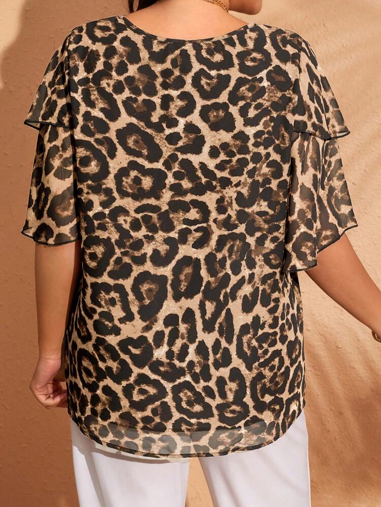 Plus Size Women Leopard Print V-Neck Ruffled Short Sleeve Loose Blouse,Country Casual Vacation,Simple And Fashionable For Everyday Wear,Vacation Office Wear, Vacation, Summer Festival Boho,Holiday