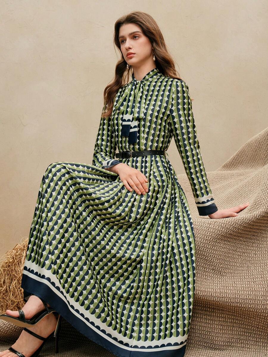 Anewsta Elaire Vestido elegante vintage con estampado de lunares y volantes en la cintura, apropiado para la primavera, vacaciones y festivales - Multicolor - Ver 1