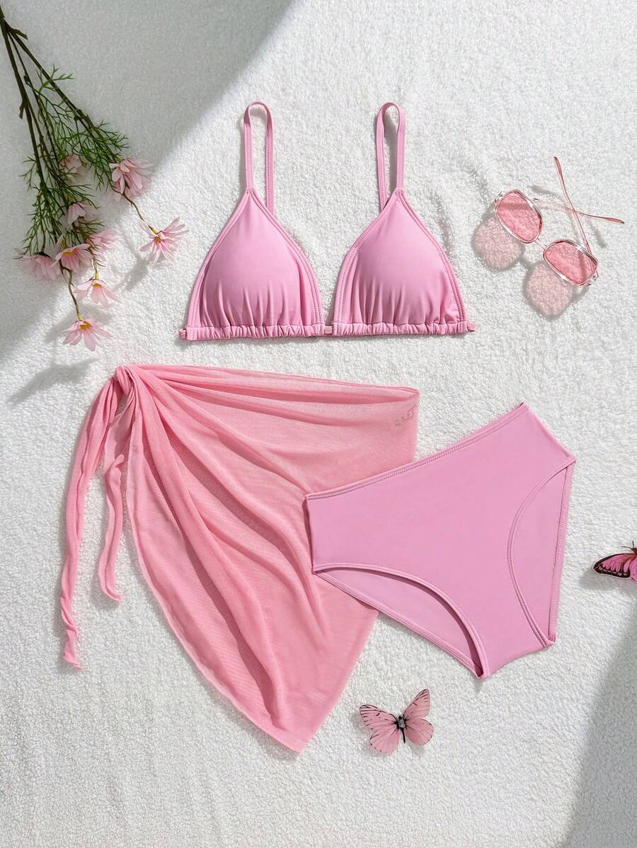 SHEIN 3pcs/Set Teen Girls' Fashionable Minimalist Royal Blue Bikini And Beach Dress Swimsuit Set - Baby Pink - View 1