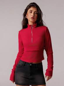 Forever 21 Women's Solid Color Stand Collar Half Zip-Up Fitted Long Sleeve Top - Red - View 5