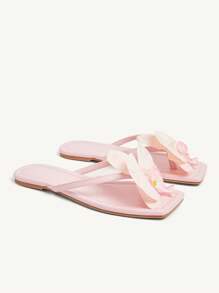 CUCCOO CHICEST Women's Summer New Iris Flower Square Toe Flat Elegant Casual Sweet Light Pink Faux Leather Ladies Flat Sandals Slippers Beach Shoes, Suitable For Afternoon Tea, Dating, Elegant Outfit, Vacation, Beach, Hawaii Island Style
