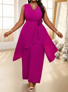 SHEIN Lady  Spring And SummerAutumn And Winter Elegant Casual Rose Red Knitted V Neck Flounce Rhinestone Long Sleeve Plus Size Co-Ords - Hot Pink - View 3