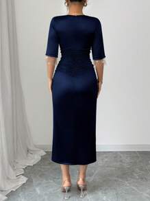 Rafferiza Women's Elegant V-Neck Short Sleeve Fitted Mid-Length Dress, Lace, Tassel Sleeve, Satin, Party, Luxury, Daily, Arabic - Blue - View 2