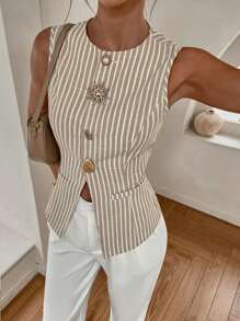 Siren Gaze Top de tirantes casual de verano para mujer con botones frontales a rayas