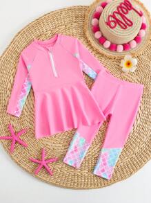 SHEIN 2件套可爱婴儿/女婴美人鱼鳞片印花长袖和长裤泳衣