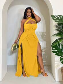 Slaydiva 女式加大码纯色绿色交叉肩带高开衩性感节日长裙 - 黃色 - 查看 1