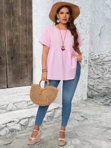 EMERY ROSE Blusas casuales de manga corta con cuello redondo y estampado de rayas, apropiadas para el verano, tallas grandes - Rosa Pálido - Ver 3