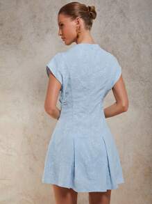 COSMINA Women's Floral Embroidery Stand Collar Batwing Sleeve Ruffle Hem Mini Dress Baby Blue Dress