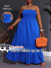SHEIN CURVE+ Váy hở vai thường ngày màu xanh cỡ lớn, thích hợp cho bãi biển và bờ biển, váy đi biển, trang phục ngày lễ Boho, Curve Plus, trang phục đi biển Boho cho phụ nữ/váy đi biển/trang phục nghỉ mát bãi biển/đồ dùng cần thiết cho bãi biển/váy tốt nghiệp/váy tiệc trà - Xanh đậm - Xem 1