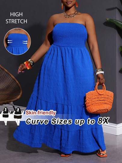 SHEIN CURVE+ Plus Size Blue Vacation Casual Open Shoulder Dress, Suitable For Beach And Seaside, Beach Dress Sundress, Holiday Outfits Boho, Curve Plus, Boho Vacation Beach Outfits For Woman/Beach Dress/Beach Vacation Outfits/Beach Essentials / Graduation/Tea Party Dress