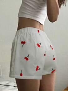 SHEIN Women Cherry Embroidery Simple Casual Shorts, Daily Wear
