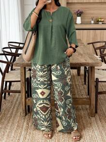 EMERY ROSE 2pcs/Set Plus Size Casual Solid Color Long Sleeve Top And Pants Set