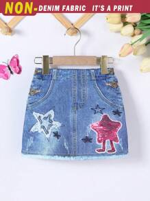 SHEIN 新款春夏 4-7 岁女童休闲牛仔效果印花裙，户外派对装，海军蓝星星印花时尚 A 字裙 - 藍色 - 查看 1