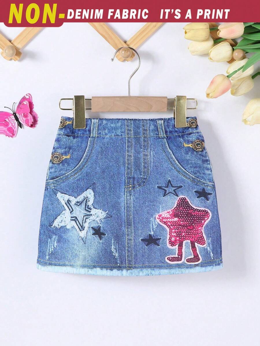 SHEIN 新款春夏 4-7 岁女童休闲牛仔效果印花裙，户外派对装，海军蓝星星印花时尚 A 字裙 - 藍色 - 查看 1