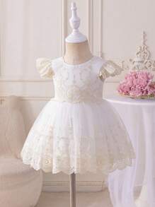 Glamorique Kids Vestito da festa in tulle ricamato e raso per bambina, abito da battesimo, abito da compleanno, abito da damigella, per feste e banchetti