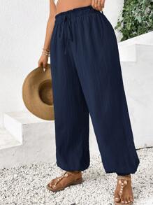 SHEIN Frenchy Plus Size Solid Color Paper Bag Waist Tied Loose Wide Leg Pants