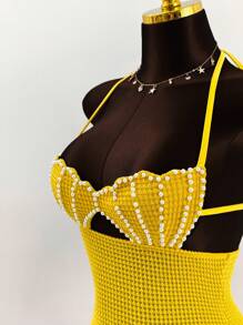 Amplova Summer Outfits For Women Vacation Pearl Shell Print Halter Back Tie Up Bodycon Mini Dress,Party Dress - Yellow - View 8