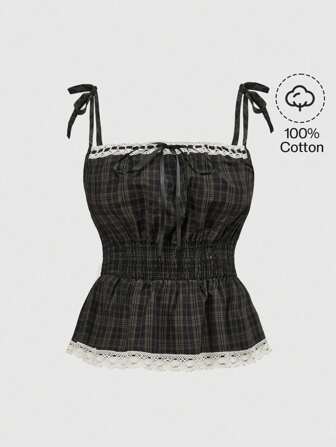 Canotta casual per ragazze con inserti in pizzo a contrasto, stile universitario