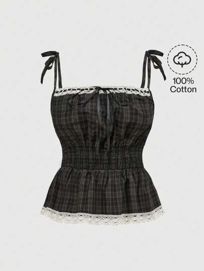 Cute Girls' Casual Collegiate Contrast Lace Trim Camisole