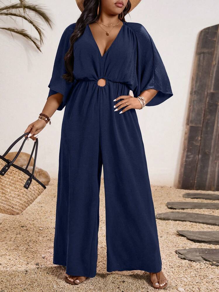 Breezaya Plus Size Women's Solid Color V-Neck Pleated Wide Leg