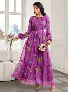 Modelyn Women's Extra Long Floral Print Chiffon Cinched Waist Waist Dress, Elegant For Spring & Summer