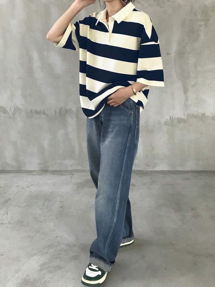 Women's Casual Loose Contrast Stripe T-Shirt