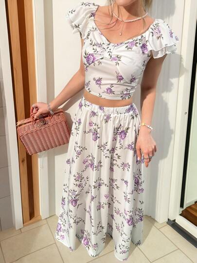 SHEIN 少女优雅时尚舒适碎花荷叶边短袖上衣和裙子套装