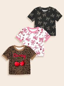 SHEIN Leap Crew 3pcs Baby Girls Vintage Leopard, Cherry, Bow & Heart Print Casual Crew Neck Short Sleeve T-Shirt Set, Suitable For Spring And Summer - Multicolor - View 2